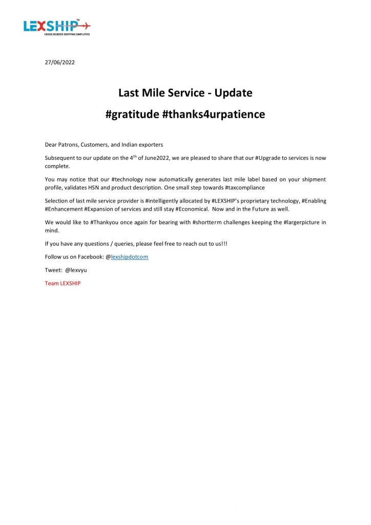 Last Mile Service Update