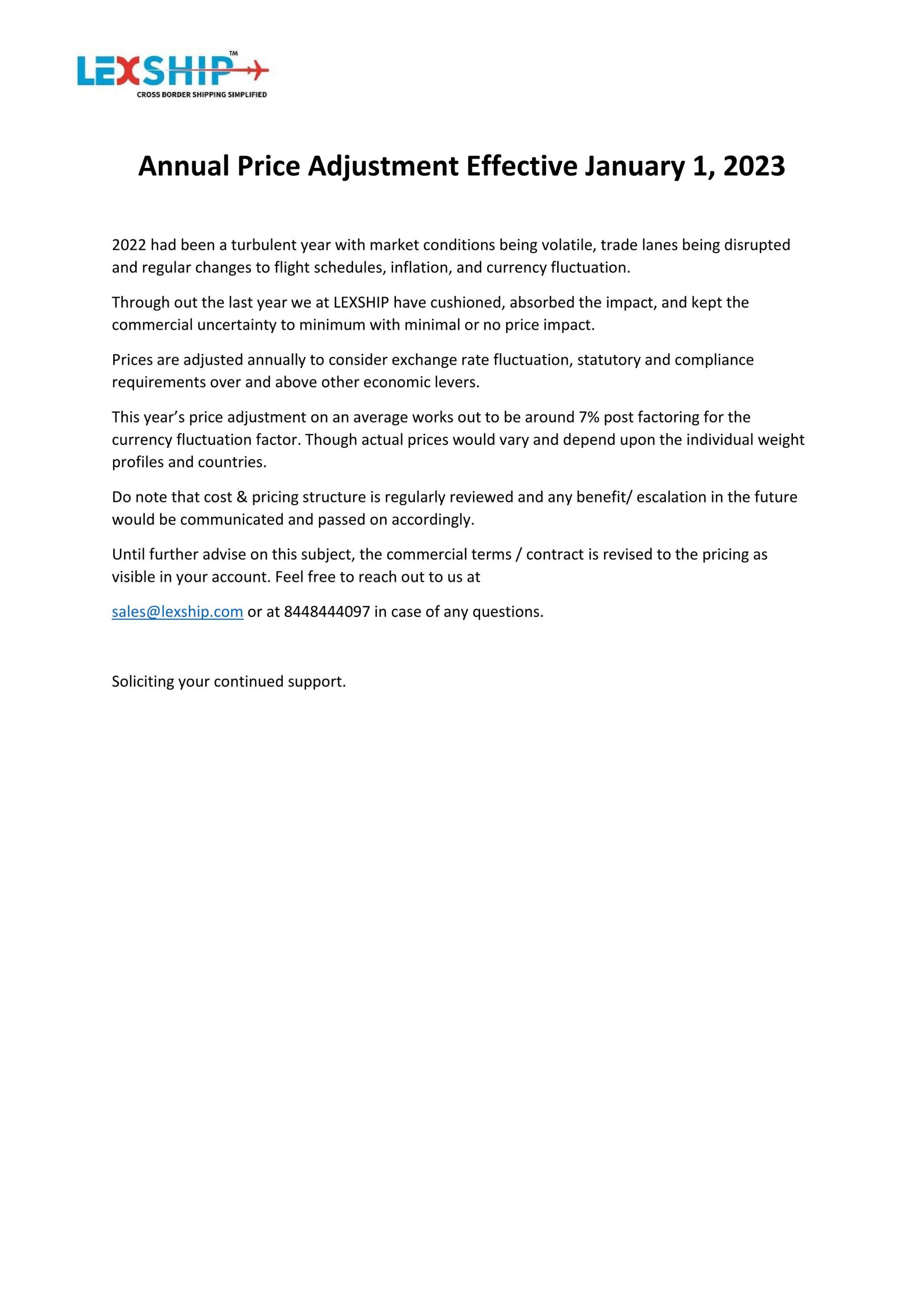 Annual Price Adjustment Effective January 1, 2023 Lexship